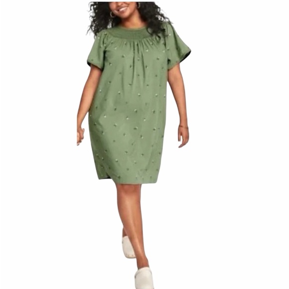 Old Navy Dresses & Skirts - Old Navy Green Flutter Sleeve Smocked Floral Embroidery Mini Swing Dress | 2XL